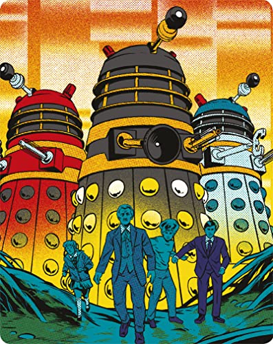 Daleks and people in a retro, comic-book style illustration.