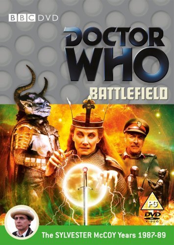 "Doctor Who: Battlefield DVD cover featuring characters in medieval and futuristic attire."
