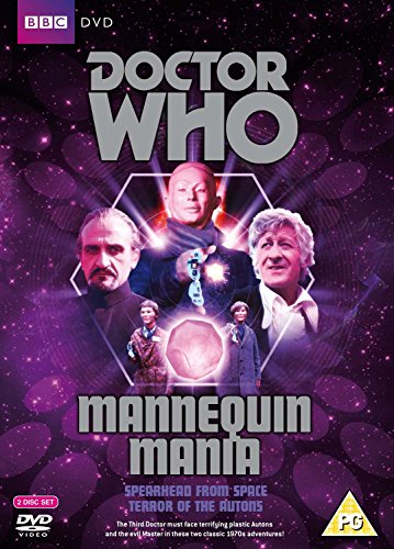 Doctor Who Mannequin Mania DVD cover featuring the Third Doctor, the Master, and Autons.