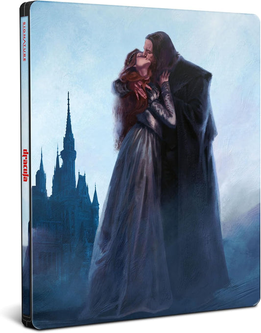 Dracula Blu-ray SteelBook case featuring a couple embracing before a castle.