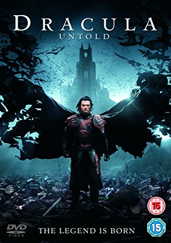 A man in armor stands before a dark castle with swarms of bats overhead.