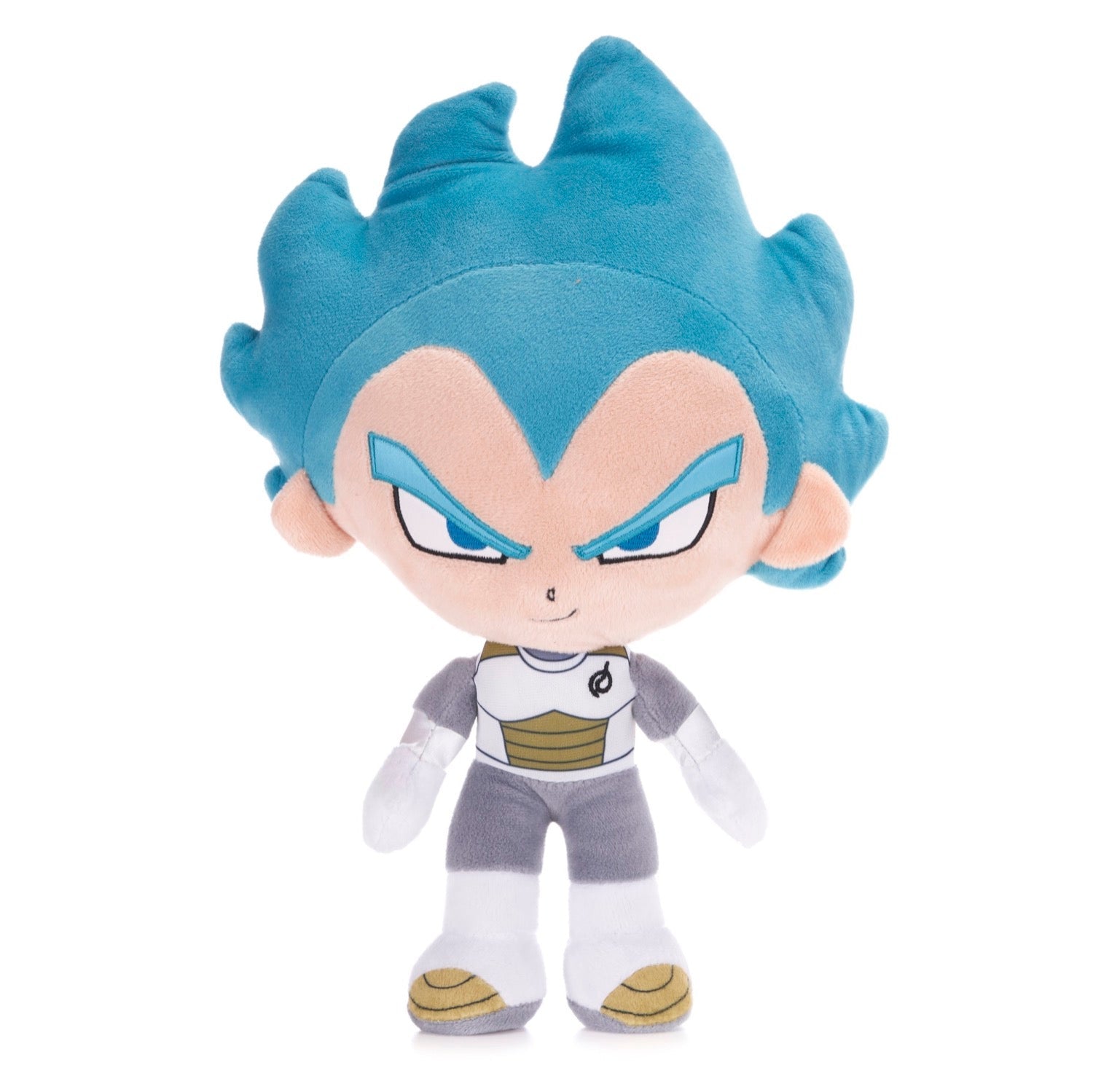 Blue-haired Vegeta plush toy from Dragon Ball Super, front view.