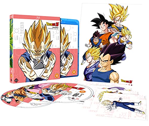 Dragon Ball Z Season 8 Blu-ray set with case, discs, and character art prints.