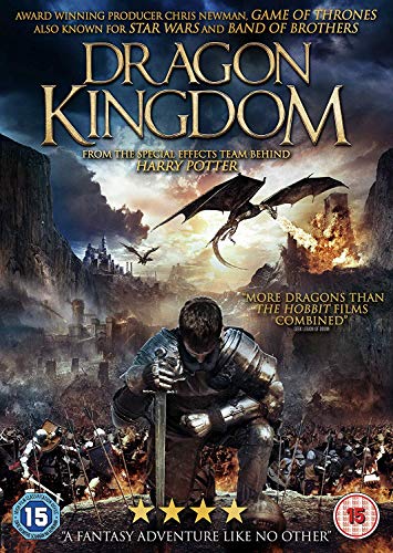 "DVD cover for 'Dragon Kingdom' showing a knight amidst a battle with dragons."