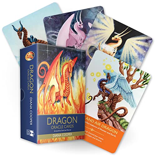 Dragon Oracle Cards box and several illustrated cards featuring various colorful dragons.