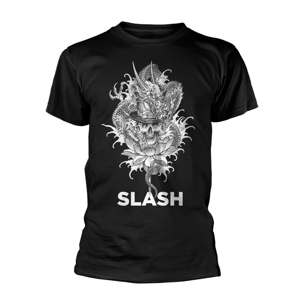 Black t-shirt with a white dragon skull and "SLASH" text graphic.