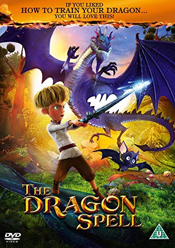 Animated boy with sword, purple dragon, and bat in a vibrant forest setting.