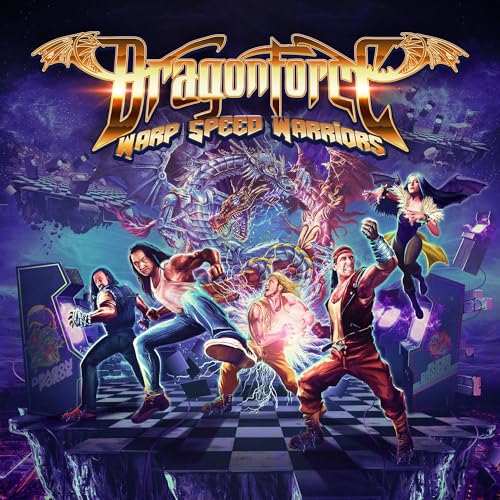 Dragonforce album cover: warriors, a dragon, and arcade game imagery.