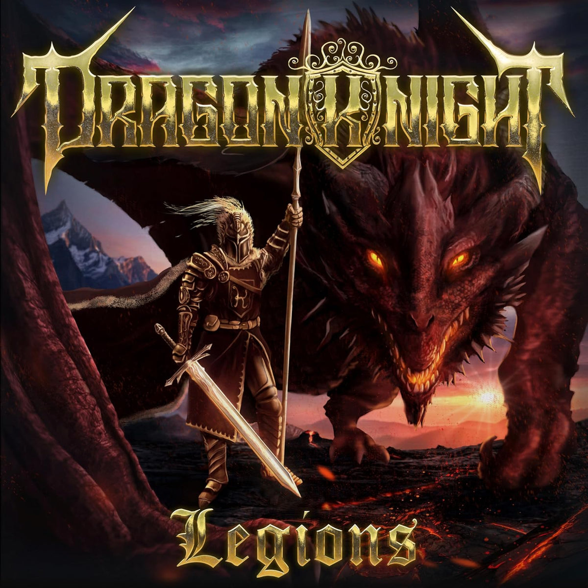 Album cover: armored knight with dragon, dramatic fantasy art style.