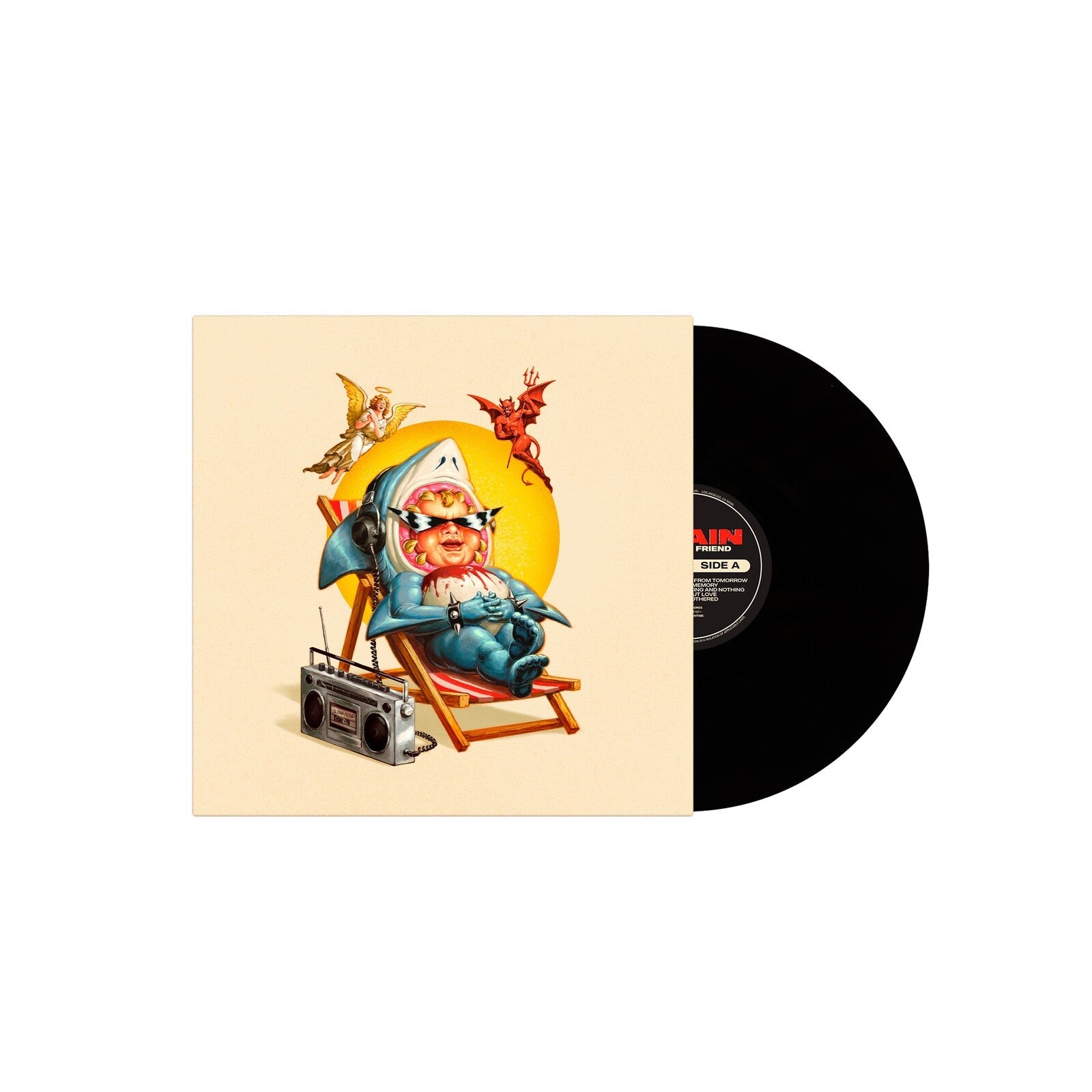 Vinyl record cover featuring a baby in a shark suit, angel, devil, and boombox.