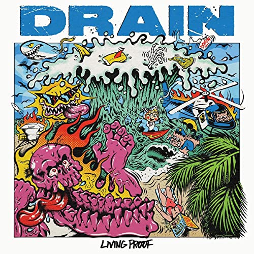 Cartoonish album cover featuring a pink melting skull, a giant wave, and beach imagery.