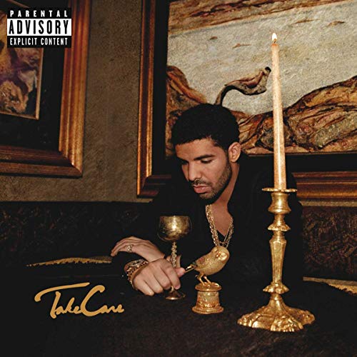 Drake album cover, “Take Care”, with ornate gold frames and a lit candle.