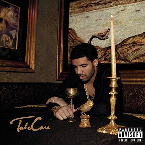 Drake album cover, “Take Care”, featuring a portrait and ornate gold details.