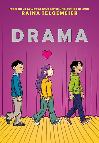 “Drama” graphic novel cover with three cartoon kids before red curtains.