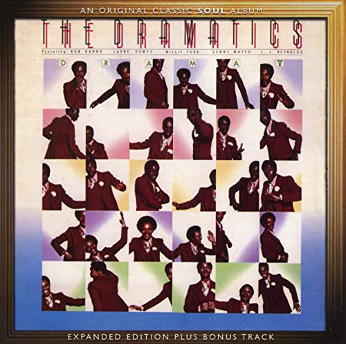 Album cover for The Dramatics’ “Drama V” featuring group members in red suits.