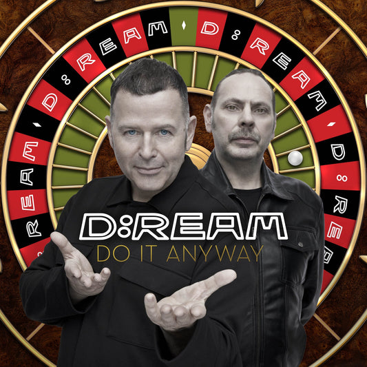 Two men in front of a roulette wheel with album title text.