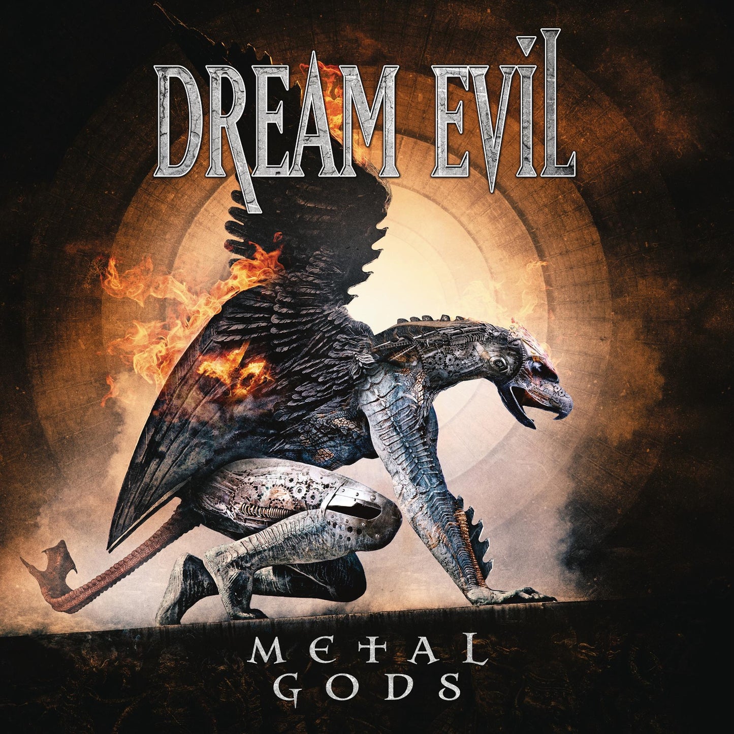 Dream Evil album cover: winged beast, flames, and gothic lettering.