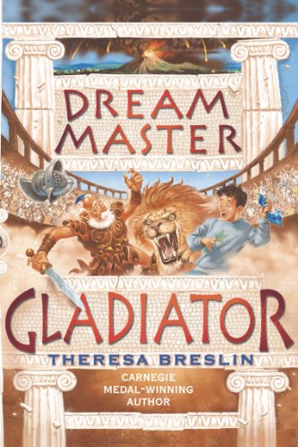 Book cover: boy fleeing a gladiator and lion in an arena.