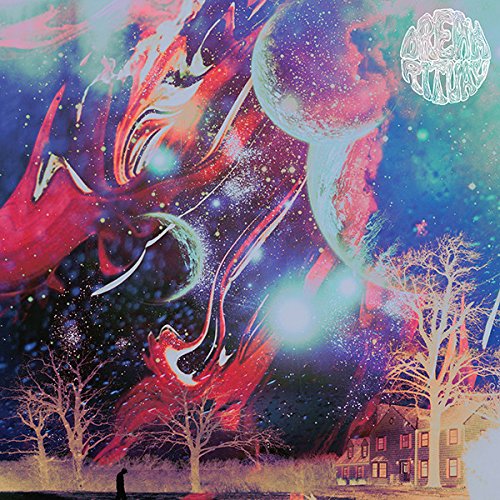 Psychedelic album cover with swirling colors, a house, and silhouetted trees.
