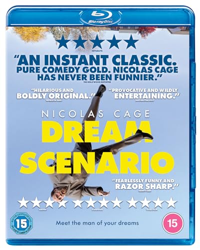 “Dream Scenario” Blu-ray cover featuring Nicolas Cage in a split pose.