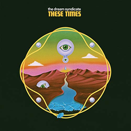 Surreal album art featuring eyes, mountains, and a river inside a circular yellow frame.