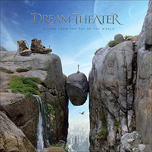 Album cover: rocky cliffs, boots, floating rock, waterfall, and city skyline.