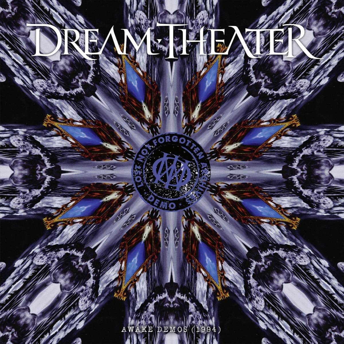 "Album cover with 'Dream Theater' in white, kaleidoscope pattern, and 'Awake Demos' text."