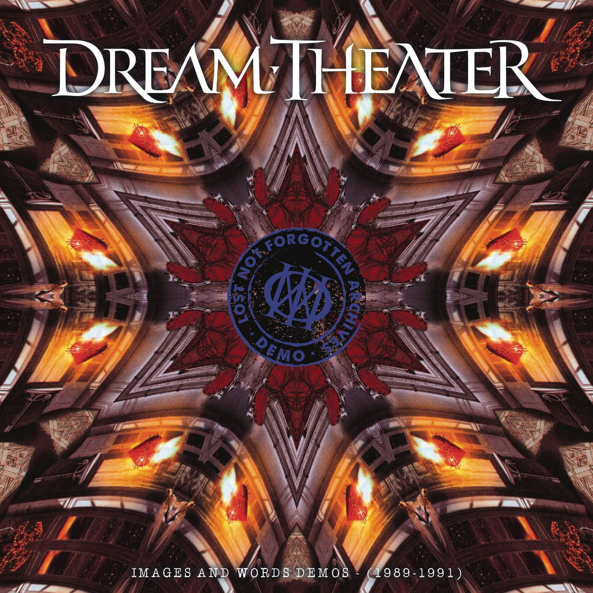 "Dream Theater album cover with kaleidoscope design and blue circular logo, white text."