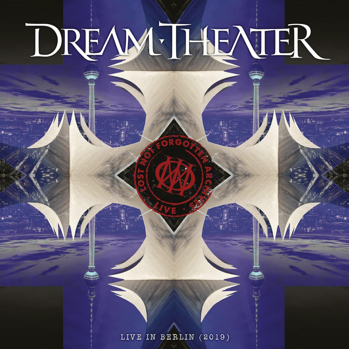 "Dream Theater album cover with abstract design, Berlin TV tower, and red logo."