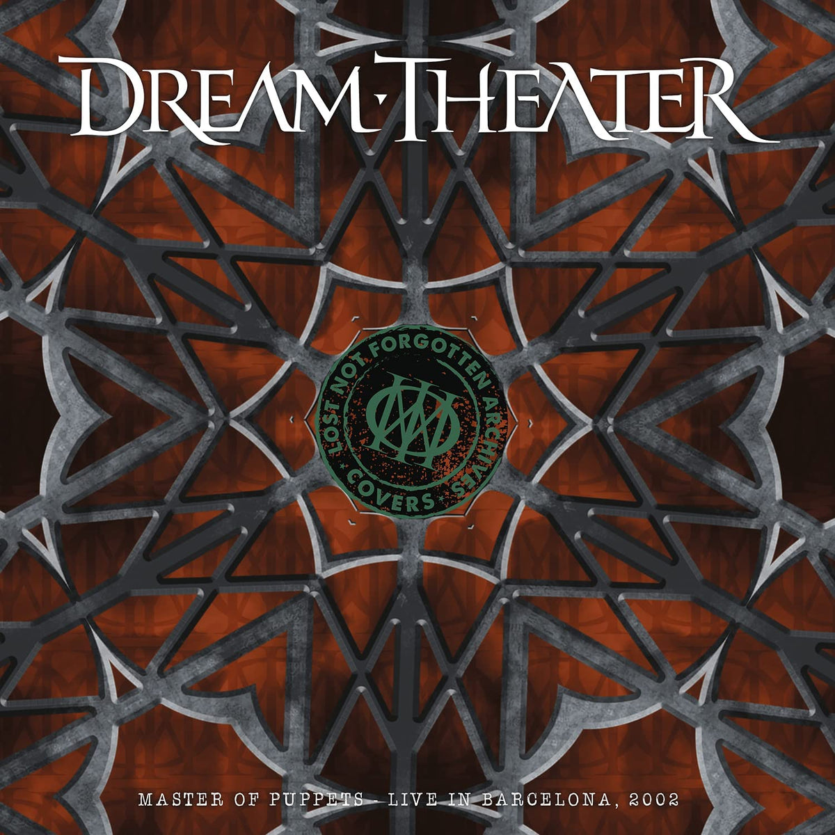 "Dream Theater" album cover with metal latticework design and circular emblem on red background.