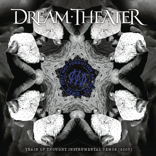 "Album cover with mirrored hands holding stones, 'Dream Theater' title and 'Lost Not Forgotten' logo."