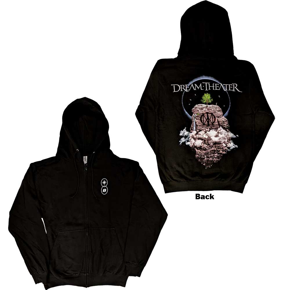 Black unisex zipped hoodie featuring Dream Theater Top of the World 2022 tour graphics.