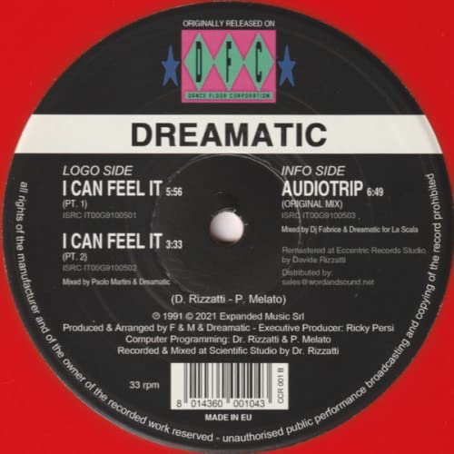 Black vinyl record label with white text: "Dreamatic - I Can Feel It/Audiotrip".