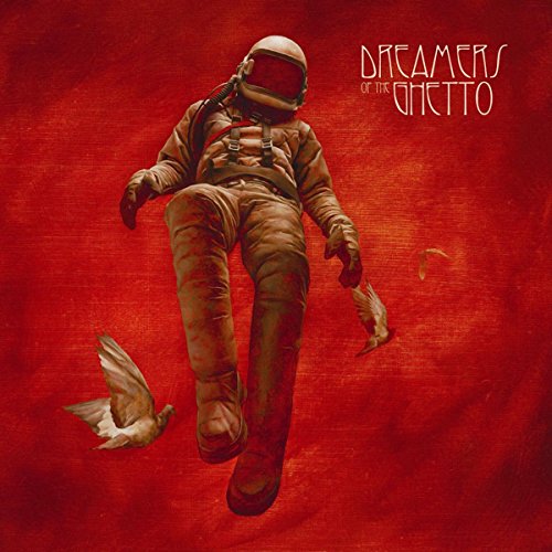 Astronaut falling against a red textured background with doves.