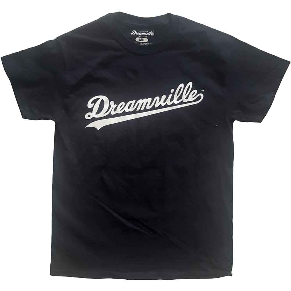 A man wearing a black t-shirt with a white Dreamville script logo.