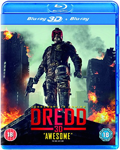Blu-ray cover for "Dredd" featuring a law enforcer in a dystopian city.