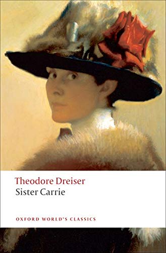 Book cover: portrait of a woman in a feathered hat, “Sister Carrie.”