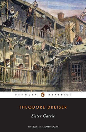 Book cover: crowded tenement scene with laundry, “Sister Carrie” title.