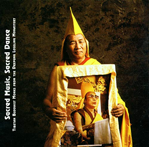 Tibetan monk in yellow robes, with a smaller image inset below.