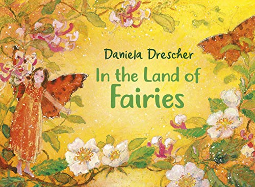 Watercolor illustration of a fairy with butterfly wings surrounded by flowers on yellow background.