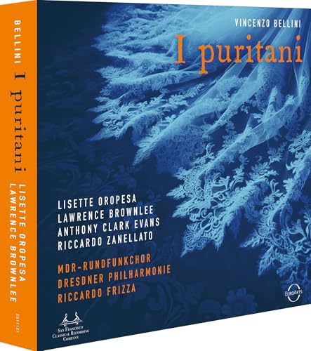 CD case for Bellini’s “I puritani” opera, featuring abstract blue swirls.
