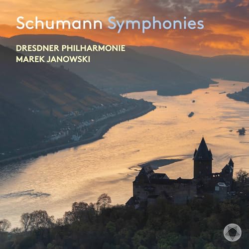 CD cover: River landscape with castle, text “Schumann Symphonies”, “Dresdner Philharmonie”.