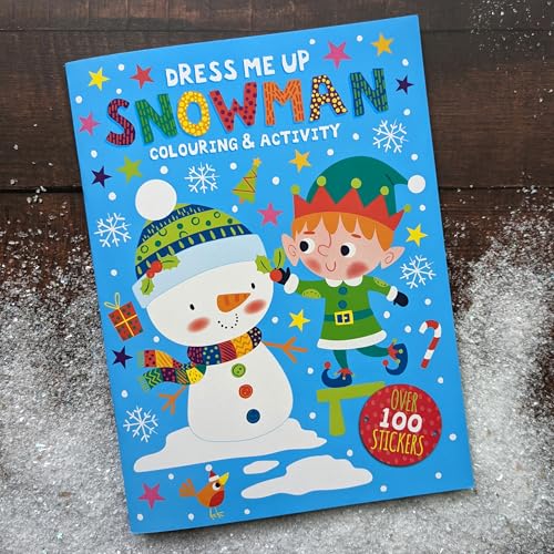 Children’s activity book cover featuring a snowman and elf with stickers.