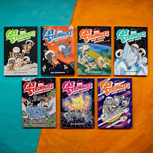 Eight colorful children’s books featuring cats in space suits.
