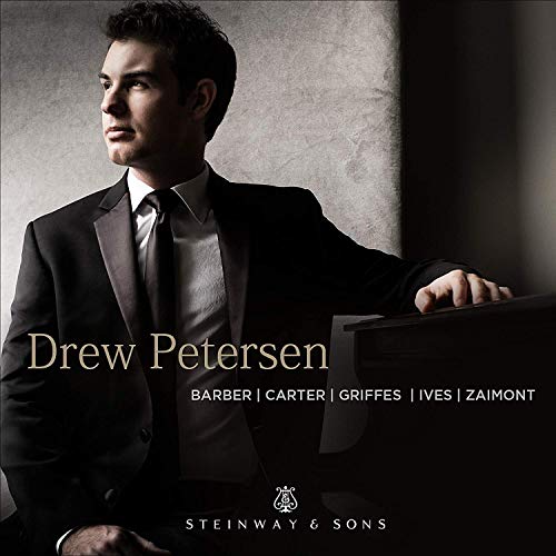 CD cover featuring pianist Drew Petersen in a suit, with composers listed.