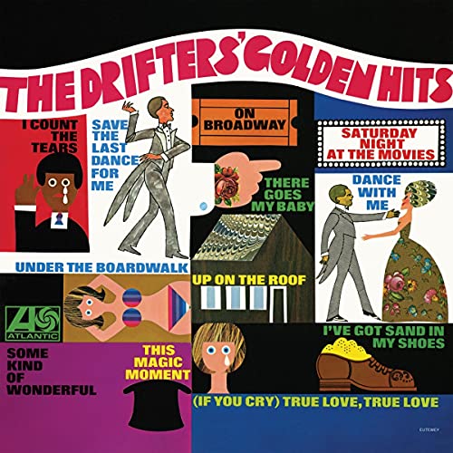 Drifters' Golden Hits" vinyl record cover with illustrated figures and song titles.