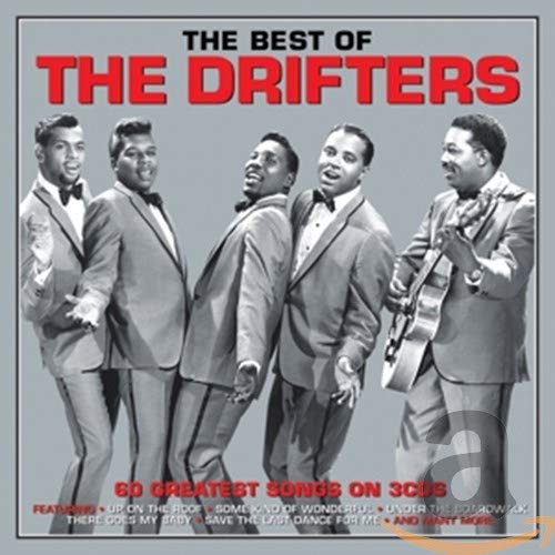 Black and white photo of The Drifters in suits on a grey album cover.