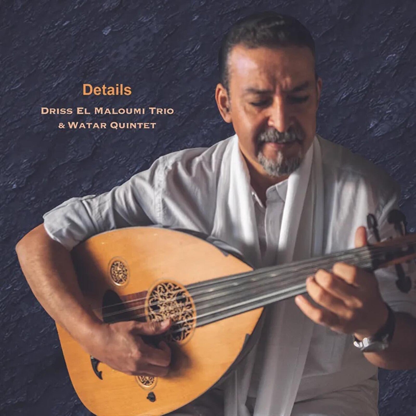 Man playing a lute-like instrument, album cover for Driss El Maloumi Trio & Watar.