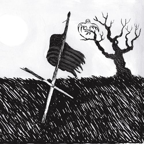 Black and white drawing of a tattered American flag, a cross, and a bird.
