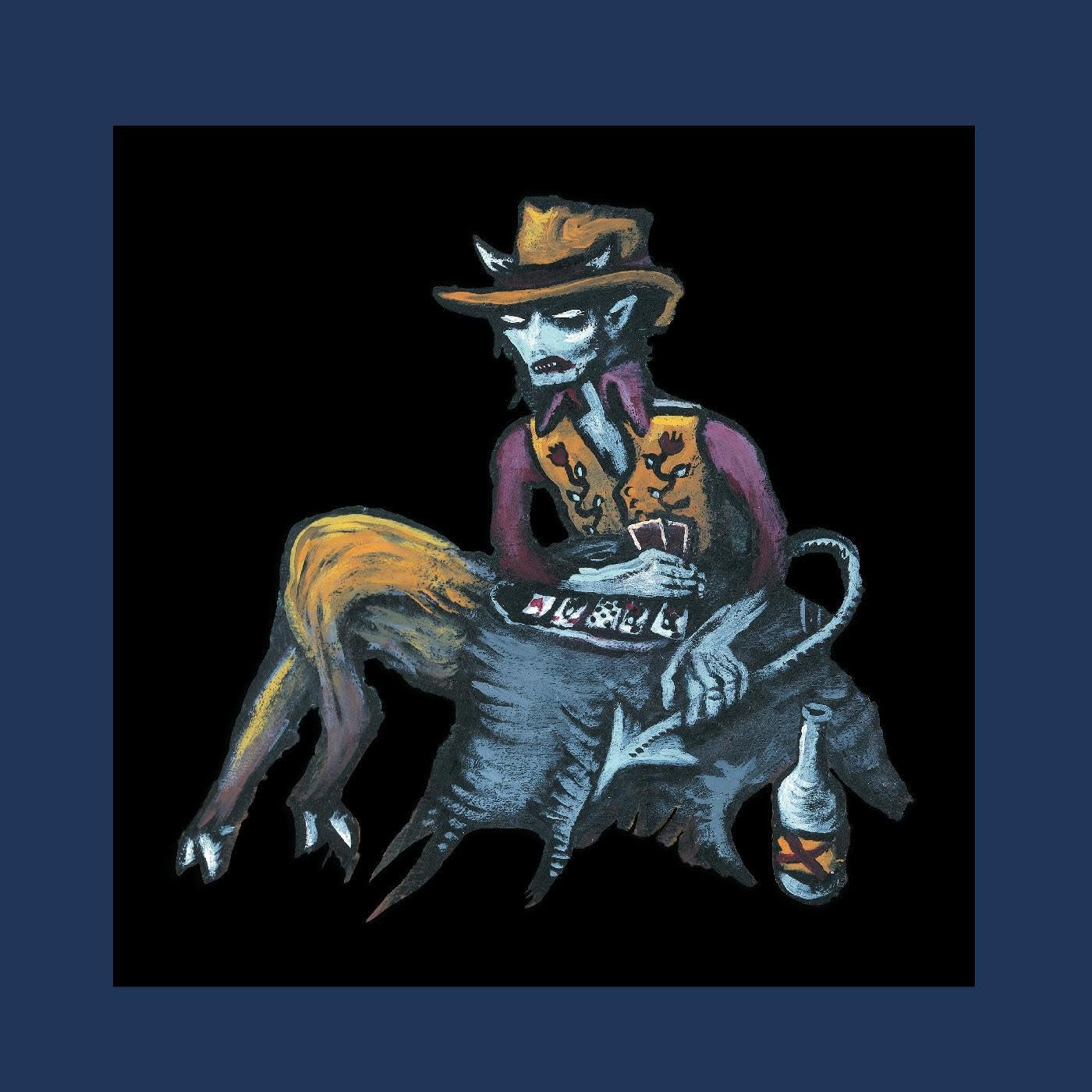 Painted illustration of a demonic figure playing cards on a beast.